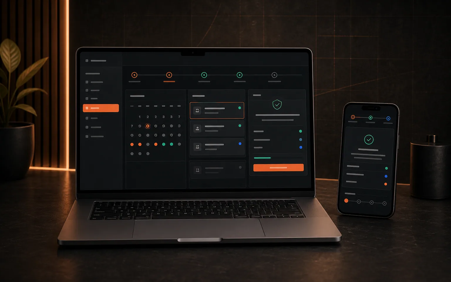 Booking and commerce interface on a laptop and phone with availability, selection, checkout, and confirmation states