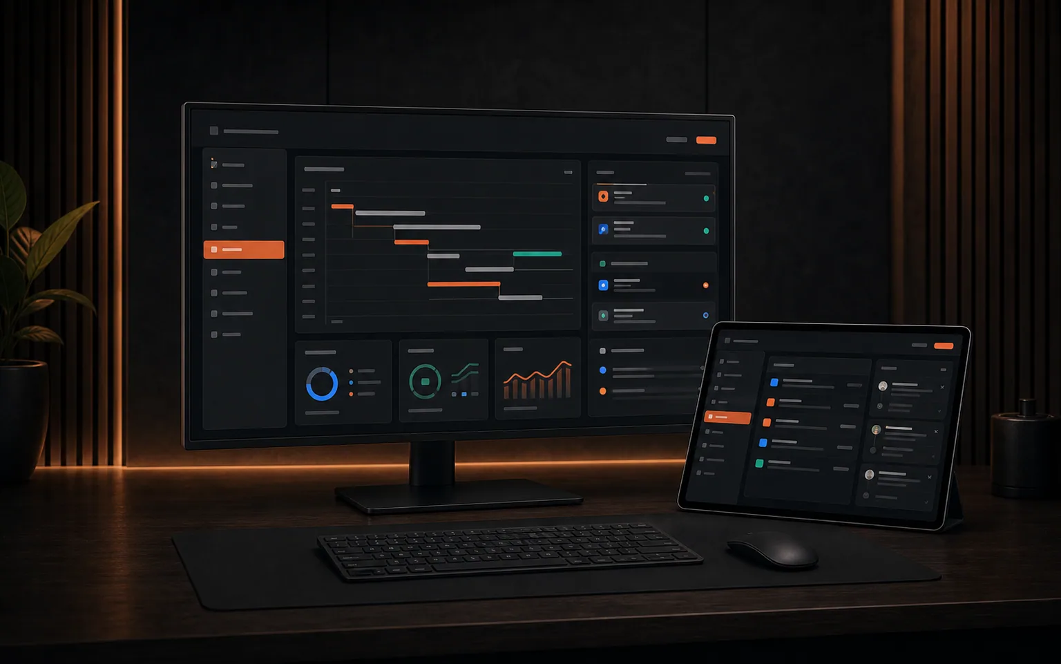 Custom web application displayed on a monitor and tablet with a project timeline, approval cards, analytics, and activity panels