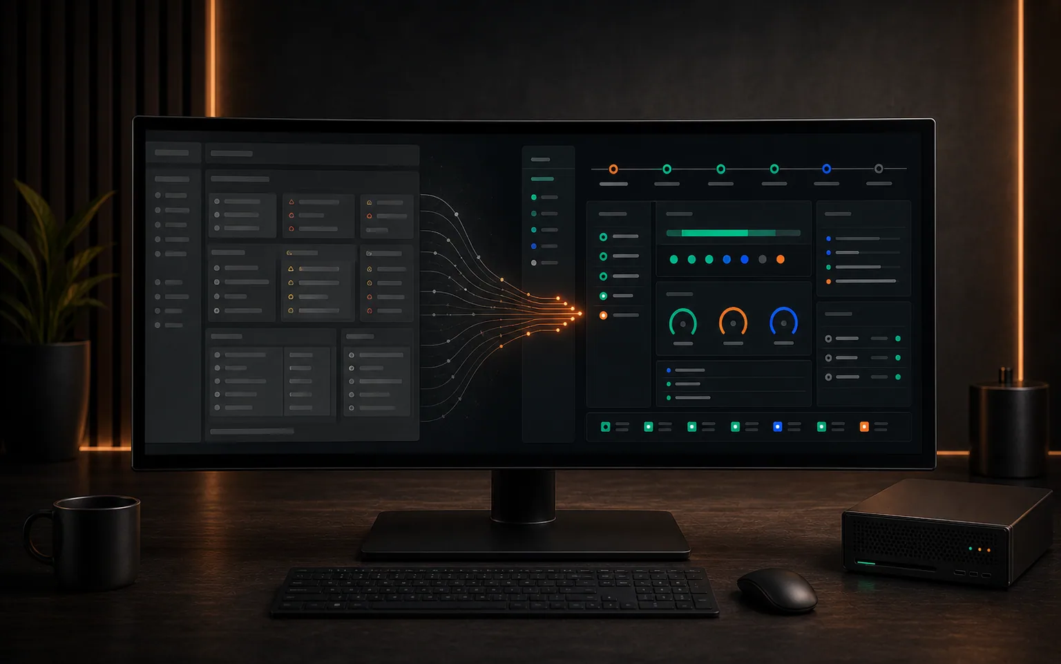 Website rebuild visualization showing a dense legacy interface migrating into a clean modern performance dashboard