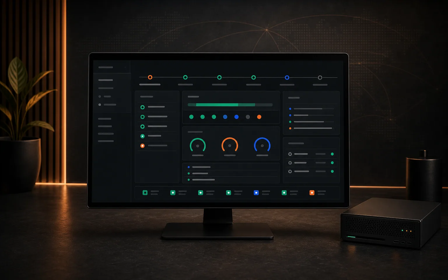 Managed website care dashboard showing uptime, deployment health, backups, performance indicators, and a compact server appliance